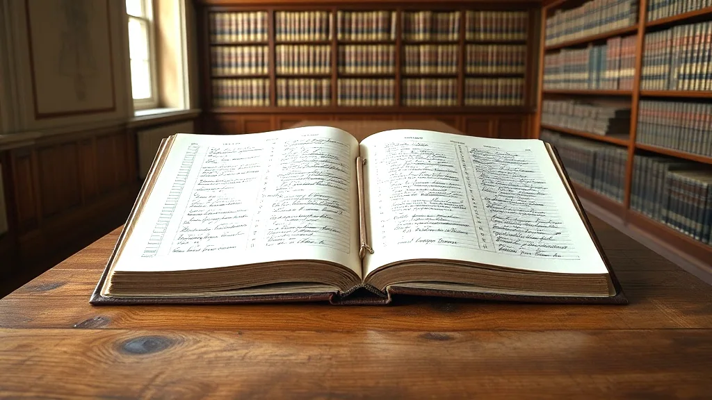 A large bound record book lying open on a wooden table, both pages ruled and filled with handwriting, shelves of matching volumes behind it.