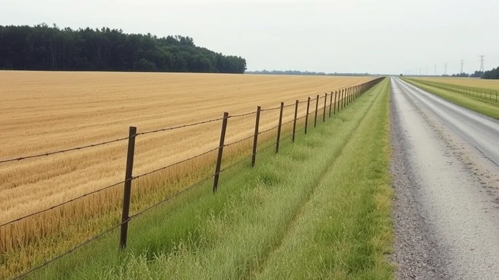 A barbed wire fence on wooden posts running along the edge of a ripe grain field beside a two lane road, flat overcast sky.