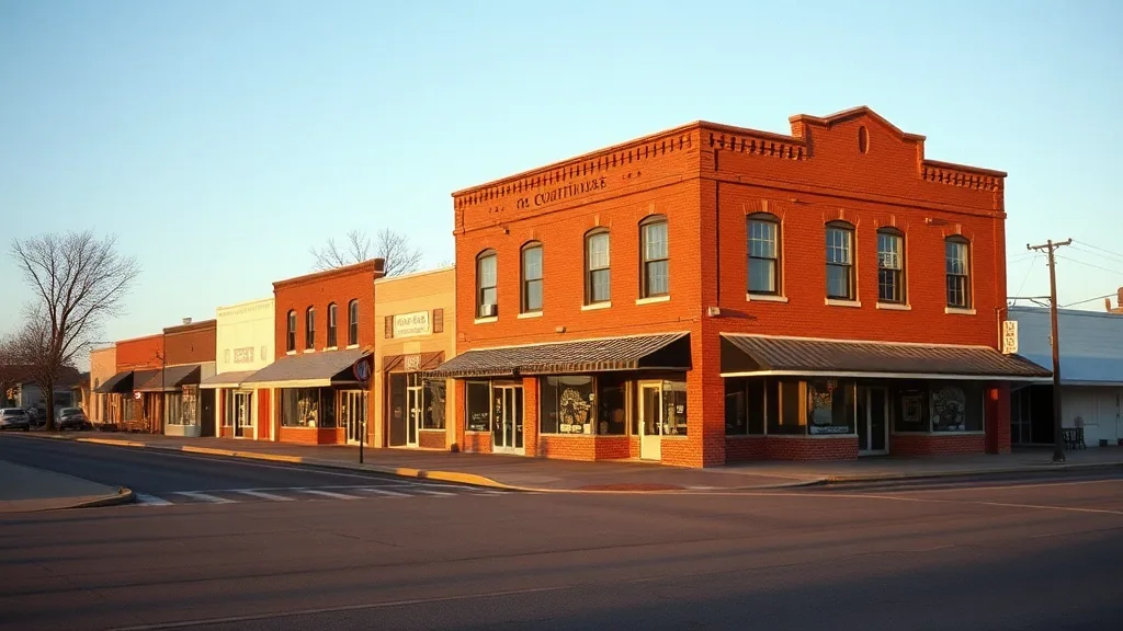 A row of two storey red brick storefronts on a small town main street in low winter sun, angled parking and an empty street in front of them.