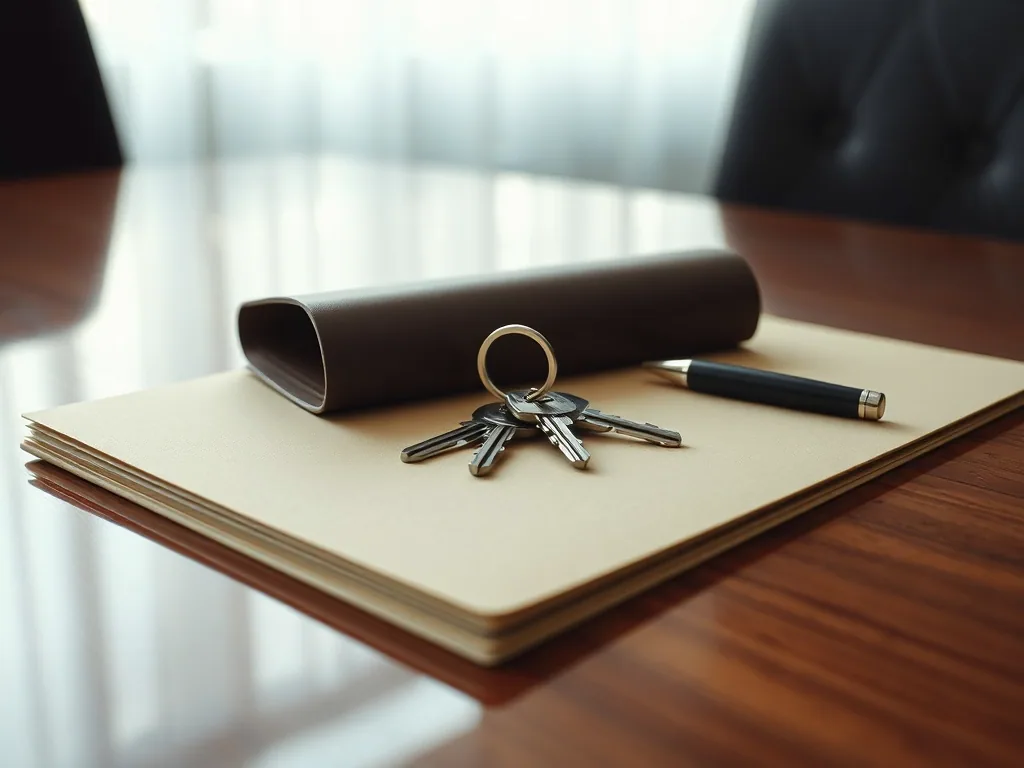 A ring of keys resting on a closed folder and a stack of blank pages on a polished dark wood table, daylight through a sheer curtain behind.
